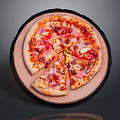 Sliced Pizza Topped With Ham Red Pepper Onion And Cheese On Wooden Board