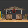 Tropical Beach Bar with Thatched Roof Wooden Structure and Surfboard Chairs on Sand