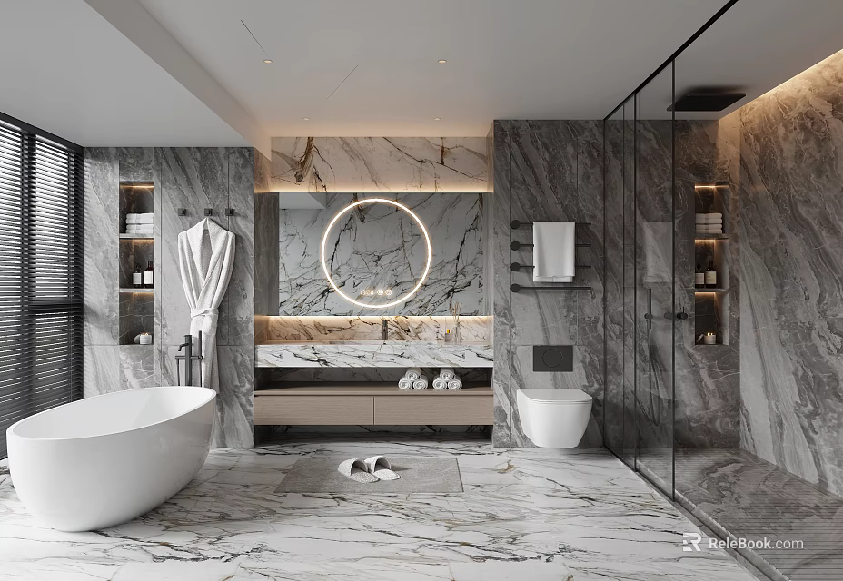 Luxurious Modern Marble Bathroom With Round Mirror Freestanding Bathtub Open Shower And Vanity 3d model 