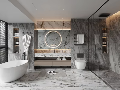 Luxurious Modern Marble Bathroom With Round Mirror Freestanding Bathtub Open Shower And Vanity 3d model