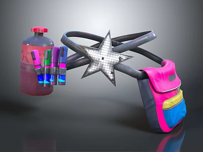 Transparent Bottle With Red Cap Colorful Small Bottles Star Shaped Decoration Pink Backpack Blue Yellow 3d model