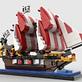 Building Blocks Pirate Ship With Red White Sails Skull Flag Detailed Hull On Blue Base