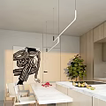 Modern Restaurant Interior With Wooden Cabinets Marble Countertop Dining Table Chairs Green Plant Pendant Lights