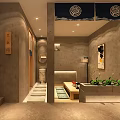 Cozy Japanese Restaurant With Cherry Blossom Trees Wooden Decor And Open Layout