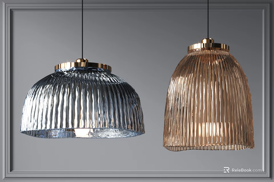 Modern Pendant Lights With Silver And Golden Ribbed Glass Shades Hanging Against Gray Wall 3d model 