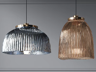 Modern Pendant Lights With Silver And Golden Ribbed Glass Shades Hanging Against Gray Wall 3d model