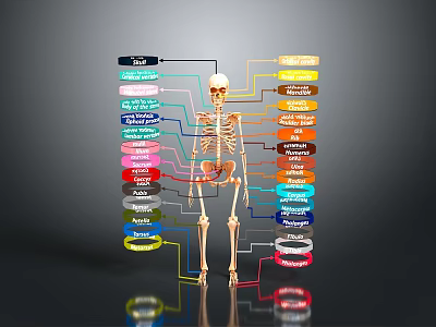 Anatomical Human Skeleton Diagram Showing Organs And Hair With Colorful Labels 3d model