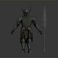 Detailed 3D Warrior Figure With Horned Helmet Armor Leg Guards And Glowing Spear