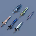 Various Decorative Swords With Unique Designs And Colorful Handle Details