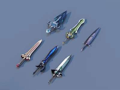 Various Decorative Swords With Unique Designs And Colorful Handle Details 3d model