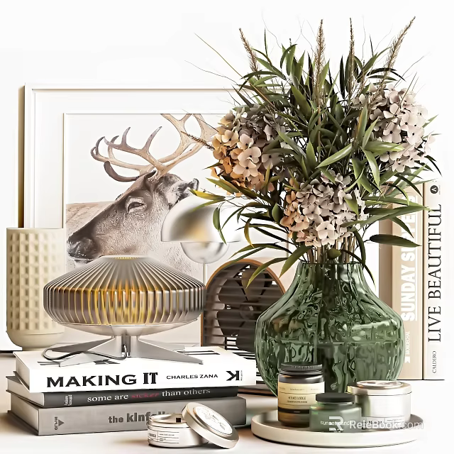 Elegant Decorative Ornament Arrangement With Green Vase Flowers Books And Framed Deer Art 3d model 