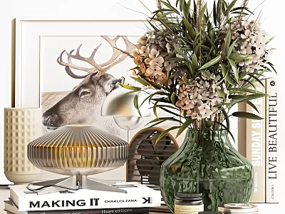 Elegant Decorative Ornament Arrangement With Green Vase Flowers Books And Framed Deer Art 3d model