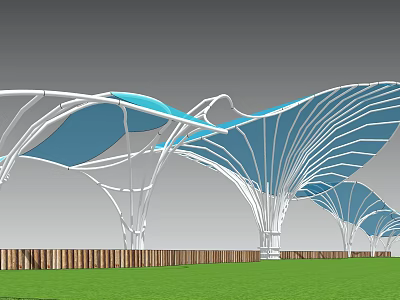 Modern Pergola Featuring Blue Membrane Roof White Steel Structure Green Grass and Wooden Fence 3d model