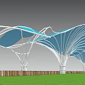 Modern Pergola Featuring Blue Membrane Roof White Steel Structure Green Grass and Wooden Fence