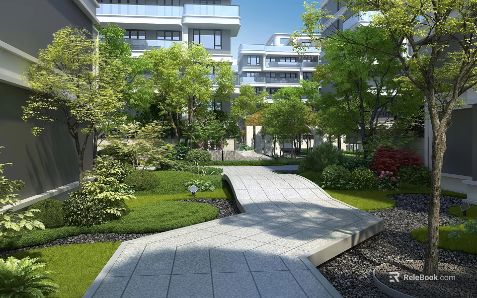 Modern Residential Community Garden Landscape With Lush Green Plants And Neat Stone Paved Walking Path 3d model 