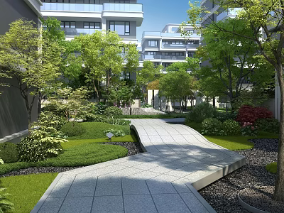 Modern Residential Community Garden Landscape With Lush Green Plants And Neat Stone Paved Walking Path 3d model