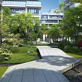 Modern Residential Community Garden Landscape With Lush Green Plants And Neat Stone Paved Walking Path