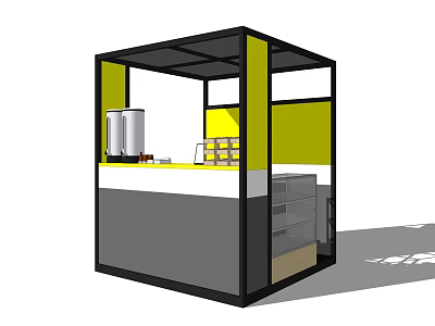 Modern Kiosk Interior Design Yellow White Gray Structure With Coffee Machines And Display Shelves 3d model