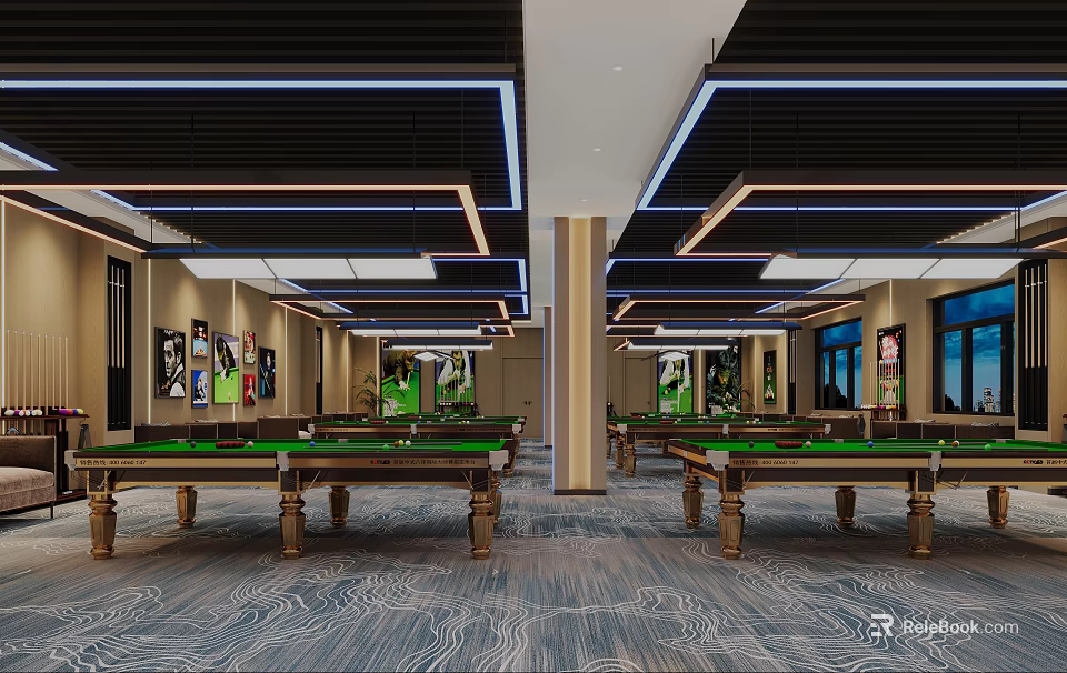 Spacious Billiard Room Interior With Multiple Tables Decorative Paintings And Ceiling Lights 3d model