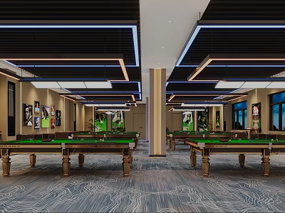 Spacious Billiard Room Interior With Multiple Tables Decorative Paintings And Ceiling Lights 3d model