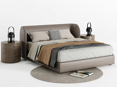 Upholstered Double Bed With Curved Headboard Beige Pillows Blankets Side Tables Lamps Round Rug Magazine 3d model