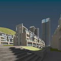 Urban Commercial Street Development With High Rise Buildings Green Spaces And Roads