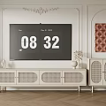 White TV Stand With Lattice Doors In Room With Vintage Decorative Wall And TV