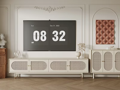 White TV Stand With Lattice Doors In Room With Vintage Decorative Wall And TV 3d model