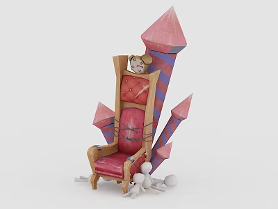 Artistic Single Chair With Red Cushion Wooden Frame And Decorative Spikes 3d model