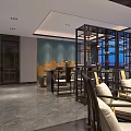 Chinese Modern Living And Dining Room Interior With Dark Wooden Floors Display Cabinets And Chandelier