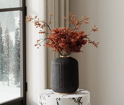 Black Textured Ceramic Vase With Dried Red Brown Branches Placed By Window With Snowy View 3d model