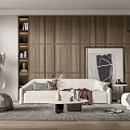 Modern Living Room Interior With Wooden Wall Panels White Sofa Decorative Painting And Area Rug