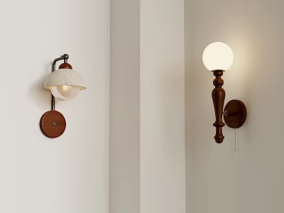 Wooden Wall Lamps With White Round Shades Mounted On White Walls 3d model