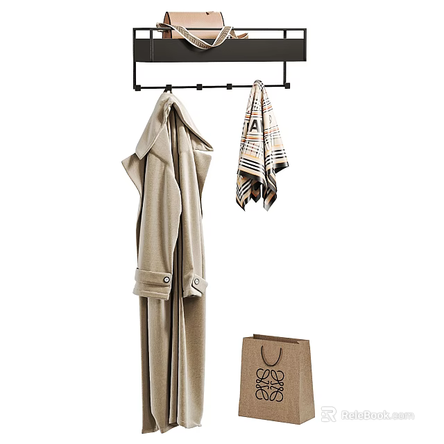 Beige Soft Bathrobe Hanging On Black Rack With Striped Towel And Paper Shopping Bag 3d model 