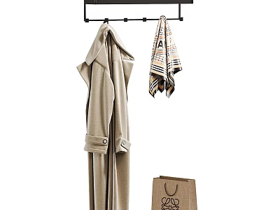 Beige Soft Bathrobe Hanging On Black Rack With Striped Towel And Paper Shopping Bag 3d model