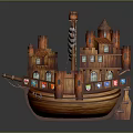Cartoon Scene of Wooden Castle Ship with Towers Colorful Windows and Ropes