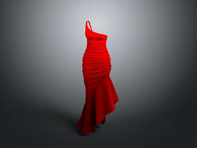 Elegant Red One Shoulder Ruched Mermaid Evening Dress With Flowy Hem 3d model