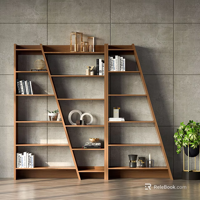 Wooden Bookcase With Multiple Shelves Books Geometric Decor Items And Green Plant 3d model 