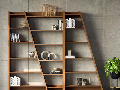 Wooden Bookcase With Multiple Shelves Books Geometric Decor Items And Green Plant 3d model