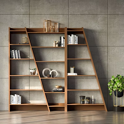 Wooden Bookcase With Multiple Shelves Books Geometric Decor Items And Green Plant 3d model
