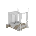 Double Bed with White Canopy Wooden Frame Two Nightstands White Pillows Beige Blanket Bow Decorations