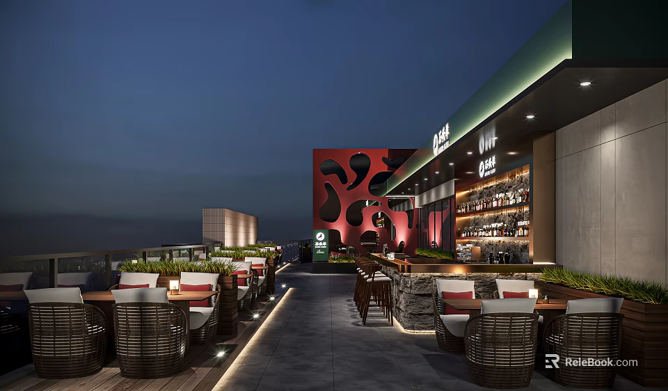 Rooftop Outdoor Dining Space With Wicker Seats Bar Counter Red Decorative Wall And Ambient Lighting 3d model 