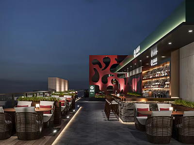 Rooftop Outdoor Dining Space With Wicker Seats Bar Counter Red Decorative Wall And Ambient Lighting 3d model