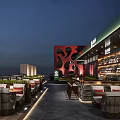 Rooftop Outdoor Dining Space With Wicker Seats Bar Counter Red Decorative Wall And Ambient Lighting