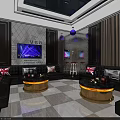 Elegant KTV Interior Design With Black Leather Sofas TV Screens And Ambient Lighting
