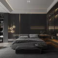 Elegant Modern Bedroom Interior With Black And Gray Large Bed Pendant Lights Wardrobe And Rug