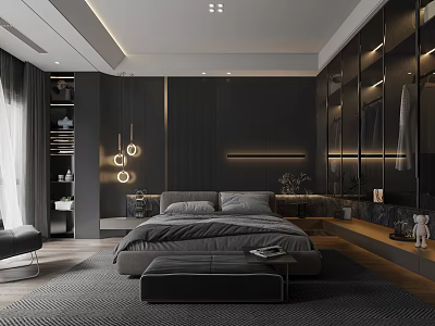 Elegant Modern Bedroom Interior With Black And Gray Large Bed Pendant Lights Wardrobe And Rug 3d model