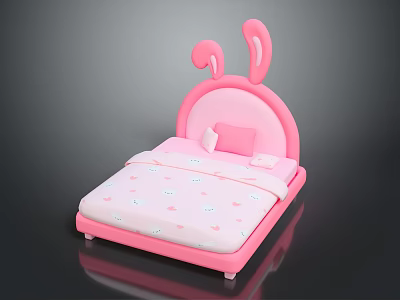 Pink Kids Bed With Rabbit Ear Headboard And Bunny Pattern Bed Sheet 3d model