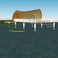 Modern Curved Wooden Building by Waterfront With Trees Arc Roof Design And Green Surroundings