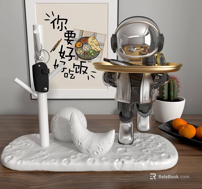 Decorative Astronaut Figurine Ornament Set With Gold Tray White Moon Base And Home Tabletop Decor 3d model 